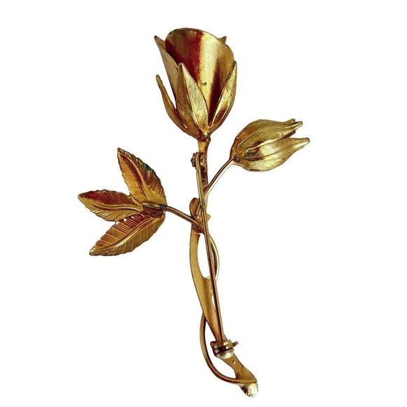 Goldtone Pin Brooch Single Long Stem Rose and Bud 2 5/8" - Picture 6 of 6